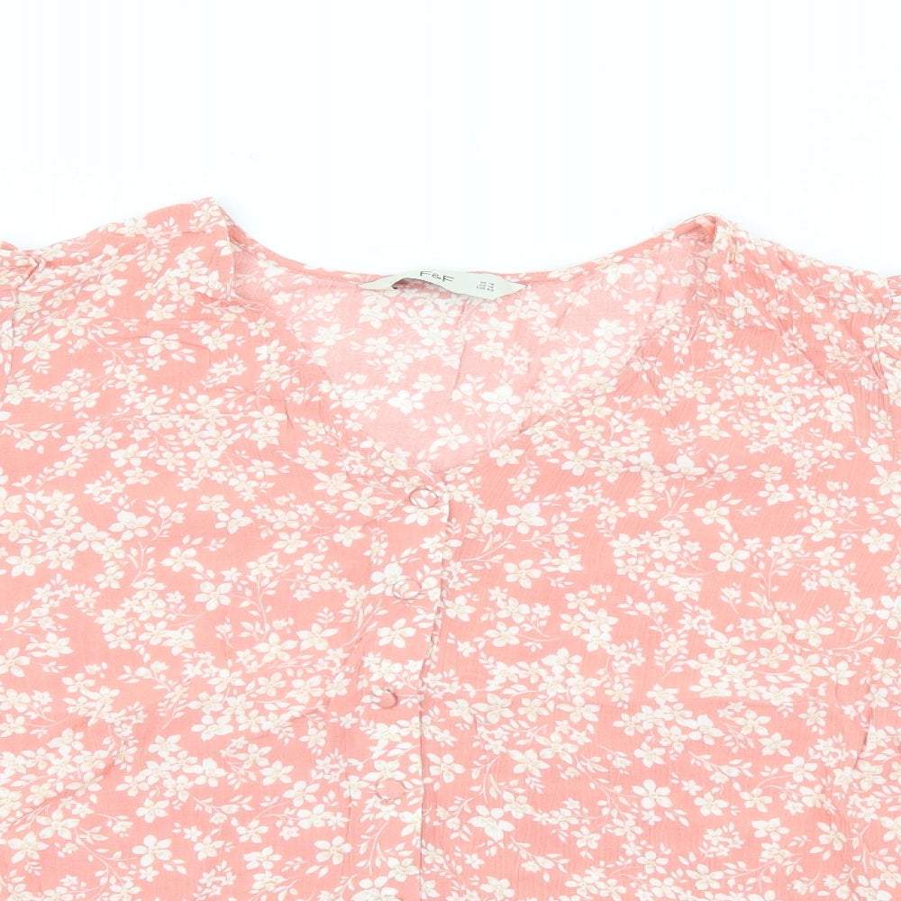 F&F Womens Pink Floral Viscose Basic Blouse Size 14 V-Neck
