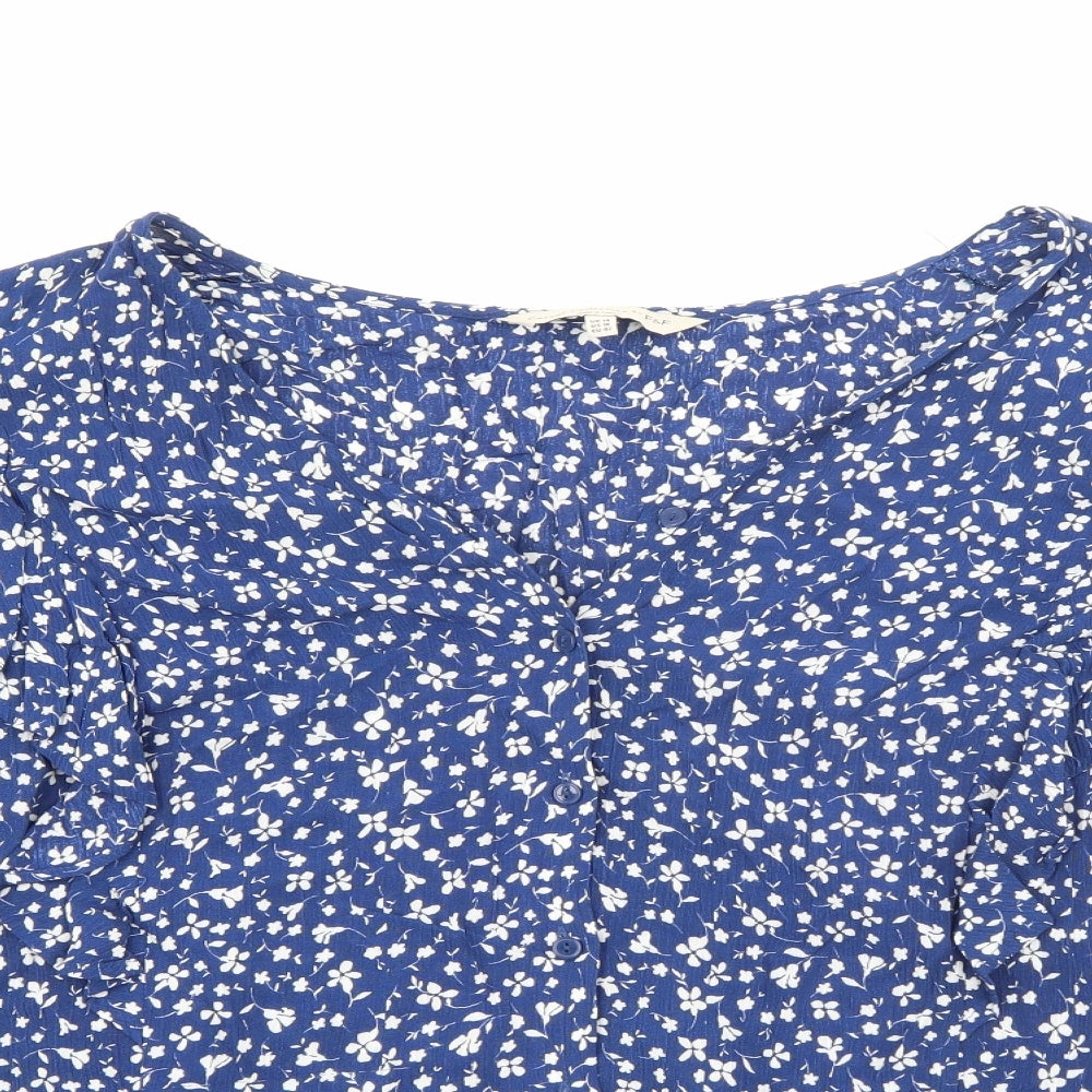 F&F Womens Blue Floral Viscose Basic Blouse Size 14 V-Neck