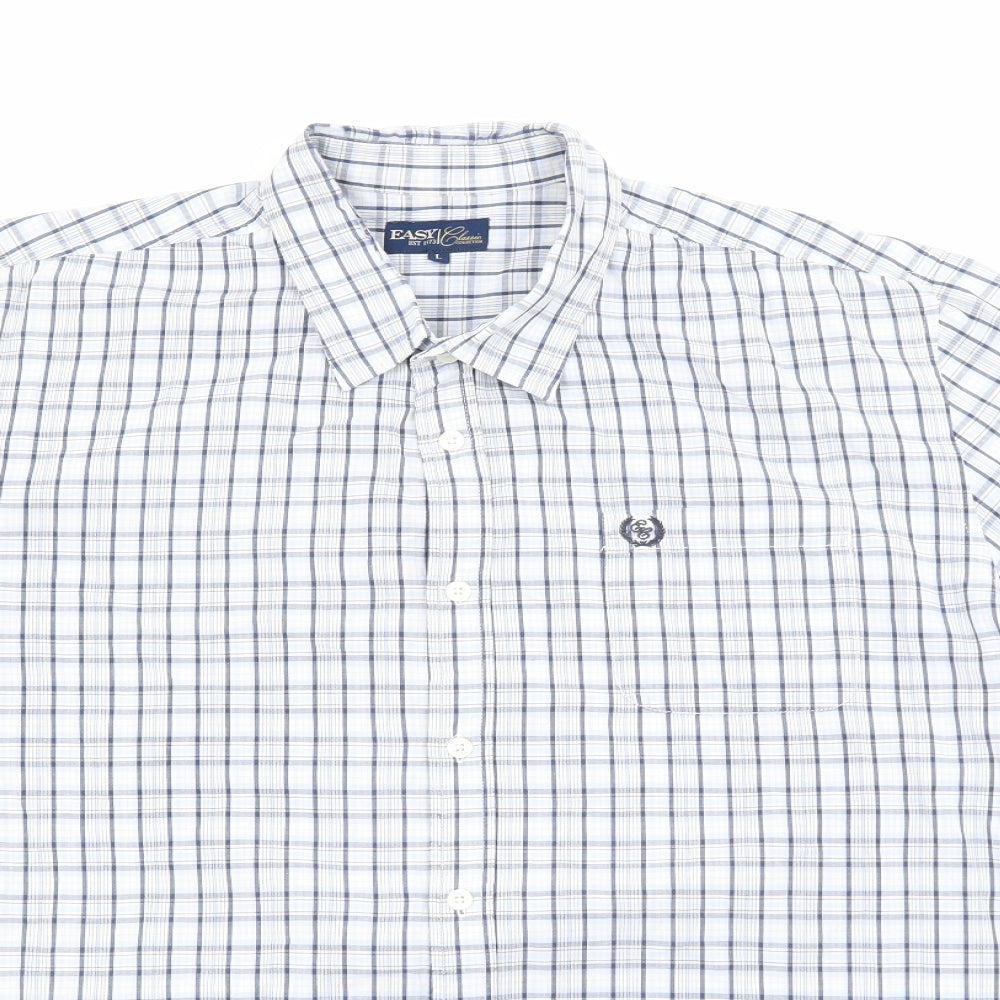 Easy Mens Blue Plaid Polyester  Button-Up Size L Collared Button