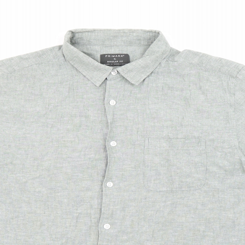 Primark Mens Green  Linen  Button-Up Size L Collared Button