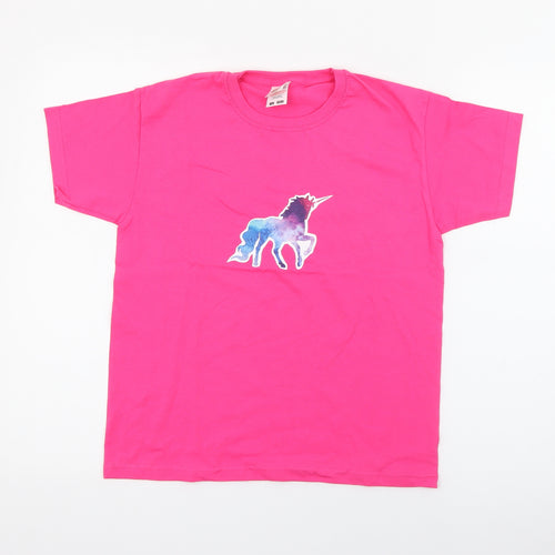 Fruit of the Loom Girls Pink  Cotton Pullover T-Shirt Size 7-8 Years Crew Neck  - Unicorn