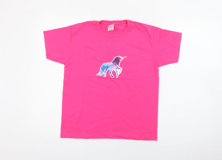 Fruit of the Loom Girls Pink  Cotton Pullover T-Shirt Size 7-8 Years Crew Neck  - Unicorn