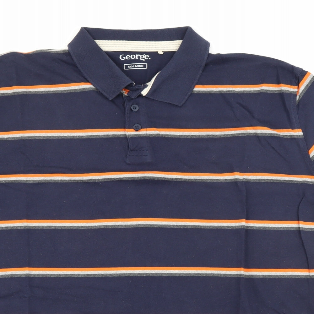 George Mens Blue Striped Cotton  Polo Size 2XL Collared Button