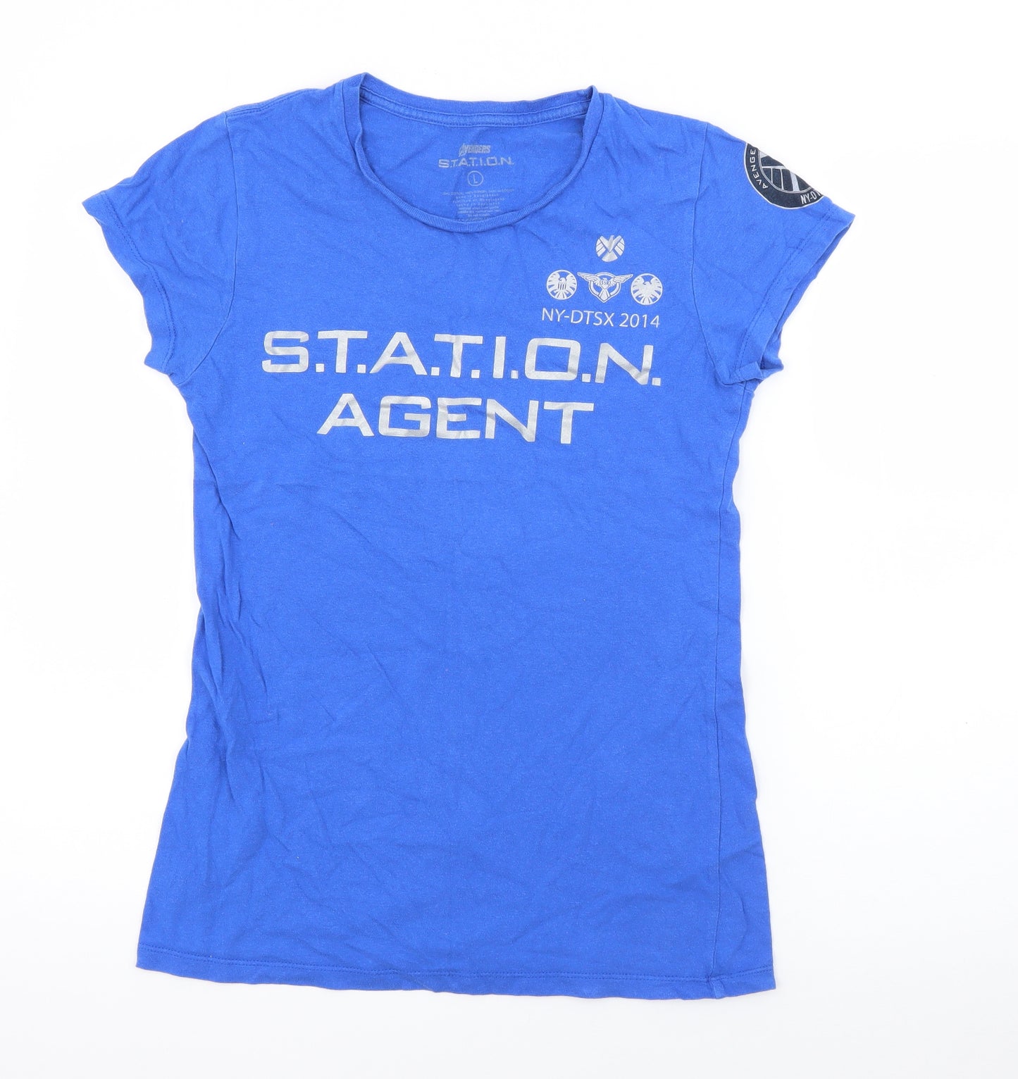 Avengers Station Womens Blue  Cotton Basic T-Shirt Size L Crew Neck - Avengers s.t.a.t.i.o.n