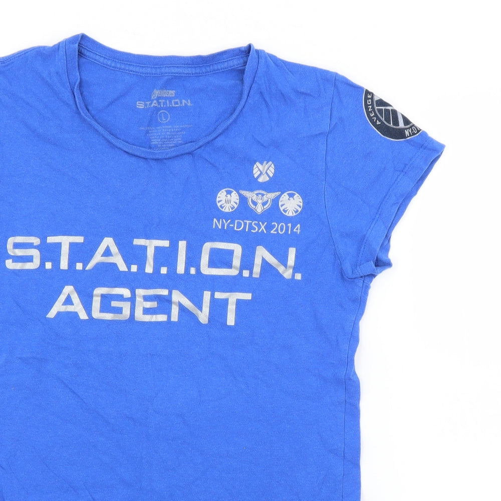 Avengers Station Womens Blue  Cotton Basic T-Shirt Size L Crew Neck - Avengers s.t.a.t.i.o.n