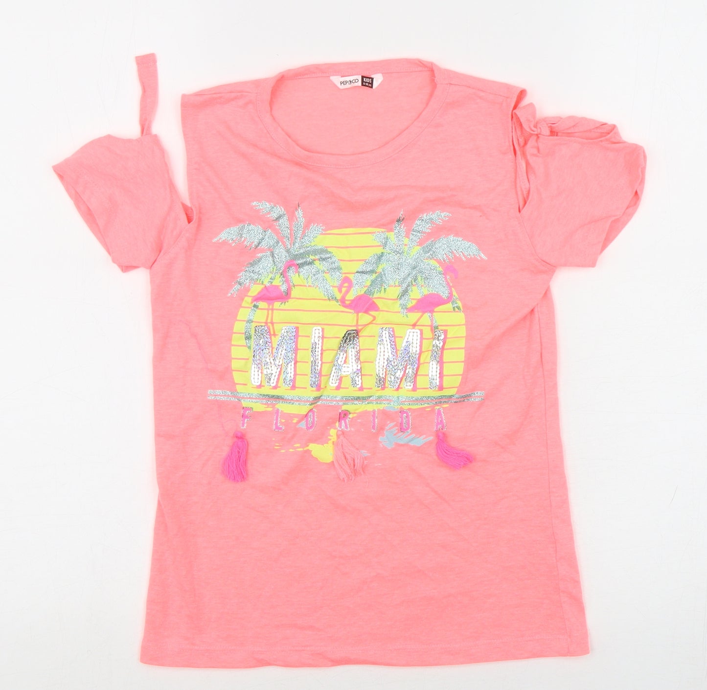 Pep&Co Girls Pink Geometric Cotton Basic T-Shirt Size 9-10 Years Round Neck Pullover