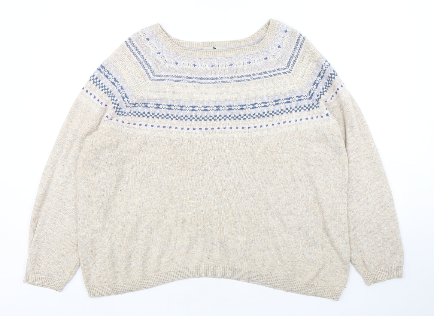 TU Womens Beige Round Neck Fair Isle Cotton Pullover Jumper Size 22