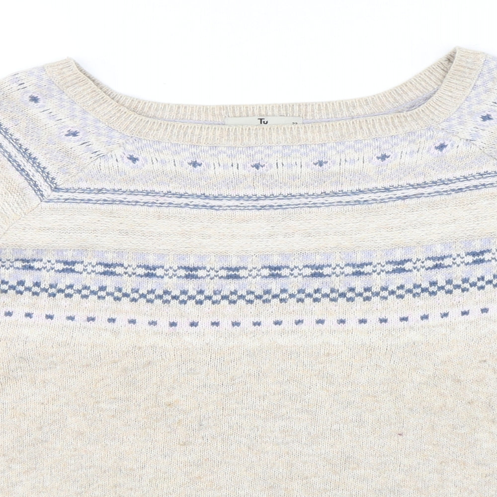 TU Womens Beige Round Neck Fair Isle Cotton Pullover Jumper Size 22