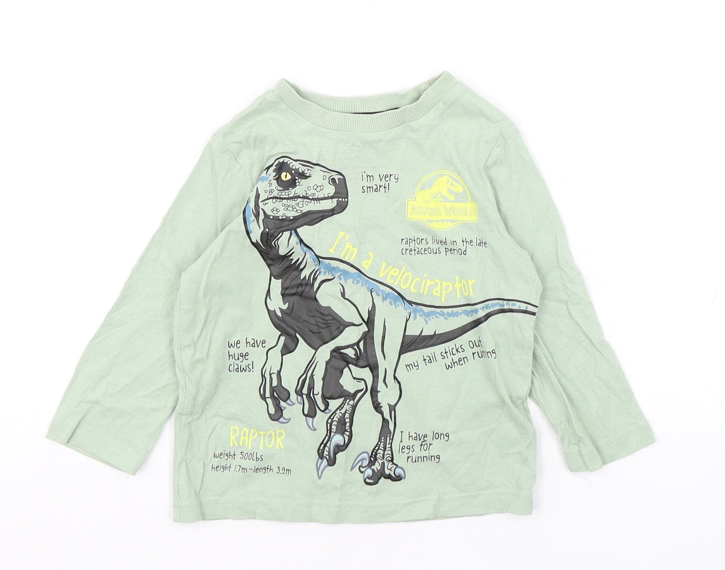 F&F Boys Green  Cotton Basic T-Shirt Size 18-24 Months Round Neck Pullover - Jurassic World