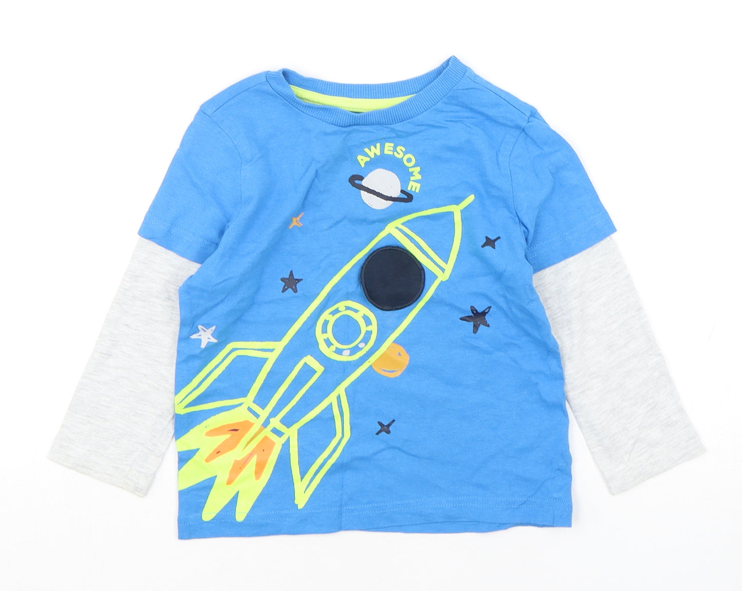 F&F Boys Multicoloured  Cotton Basic T-Shirt Size 18-24 Months Round Neck Pullover - Rocket Ship