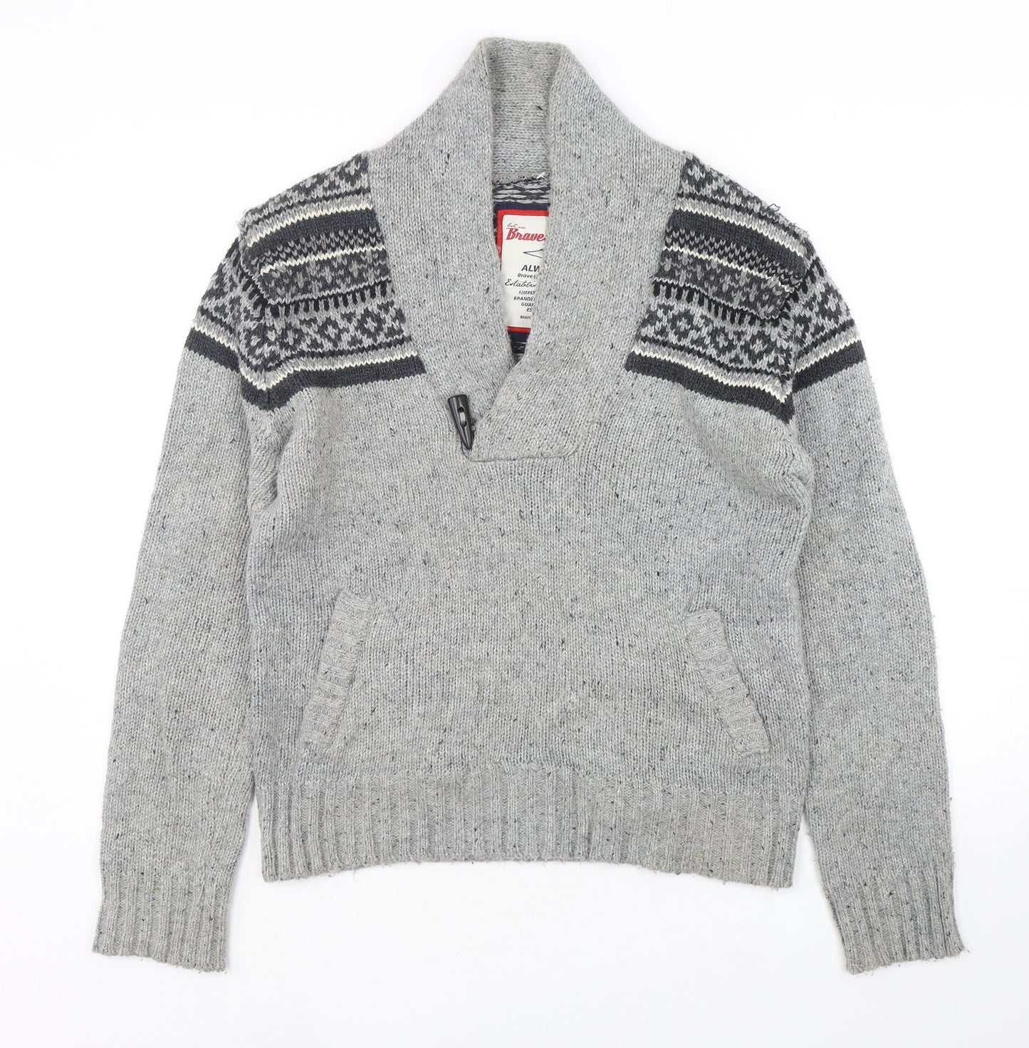 Brave Soul Mens Grey V-Neck Fair Isle Acrylic Pullover Jumper Size L