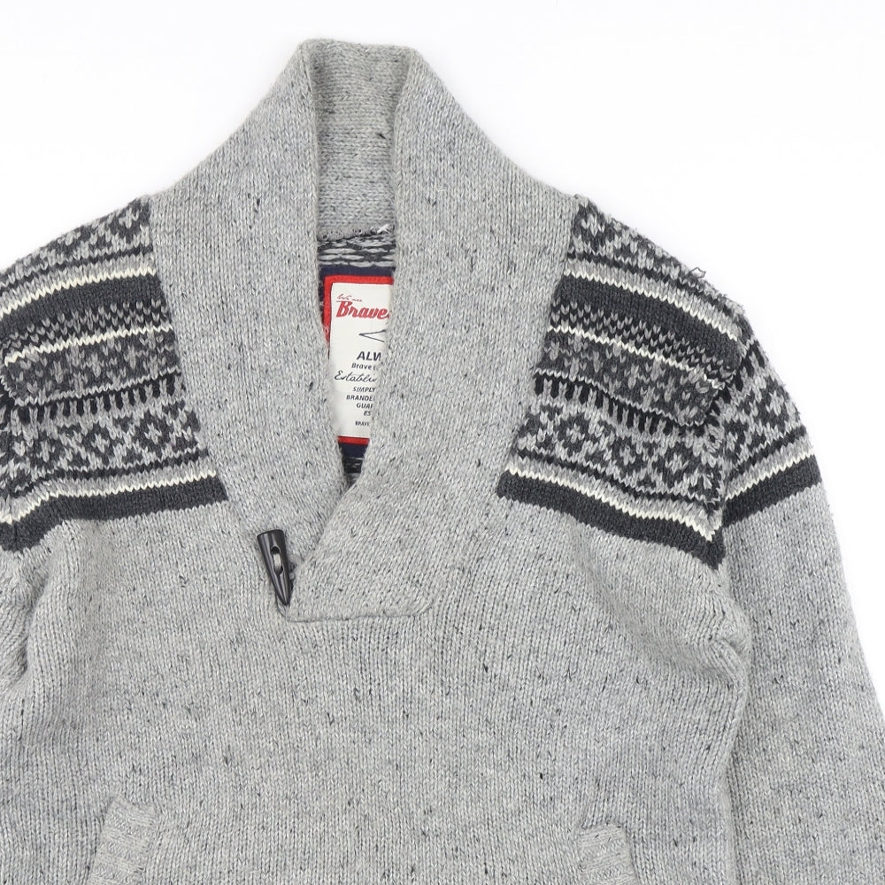 Brave Soul Mens Grey V-Neck Fair Isle Acrylic Pullover Jumper Size L