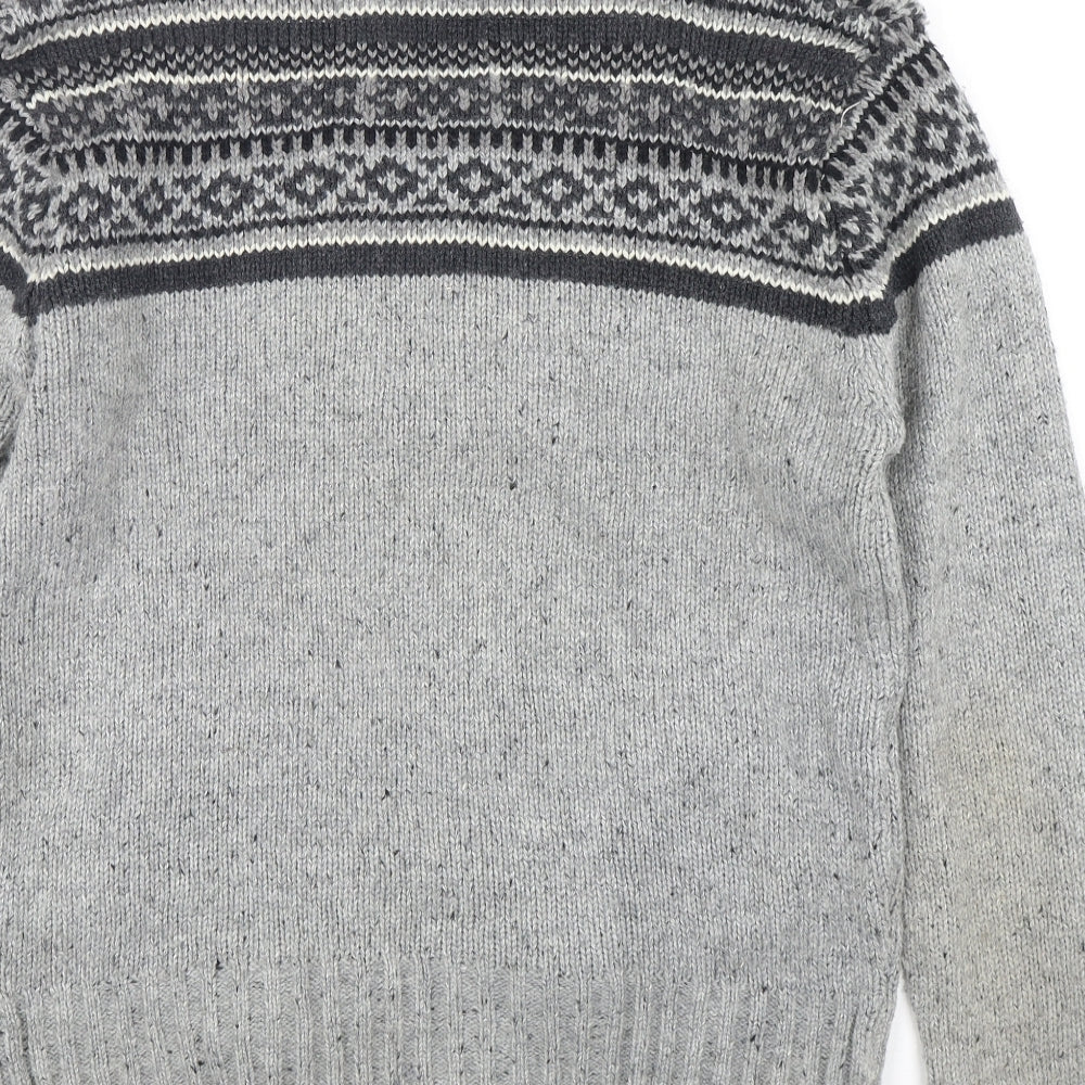 Brave Soul Mens Grey V-Neck Fair Isle Acrylic Pullover Jumper Size L