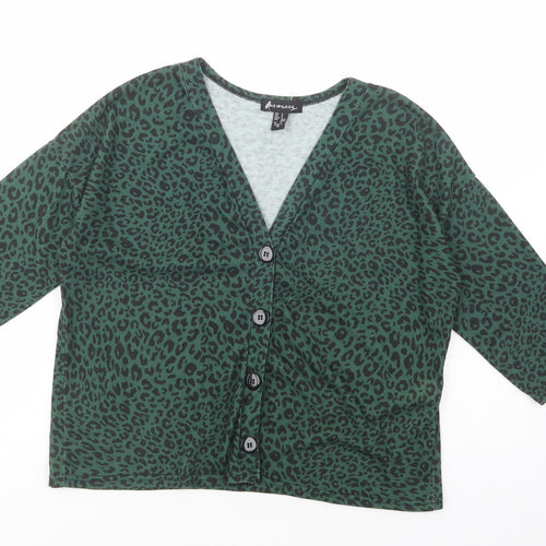 New Look Womens Green Animal Print Polyester Basic Button-Up Size S V-Neck
