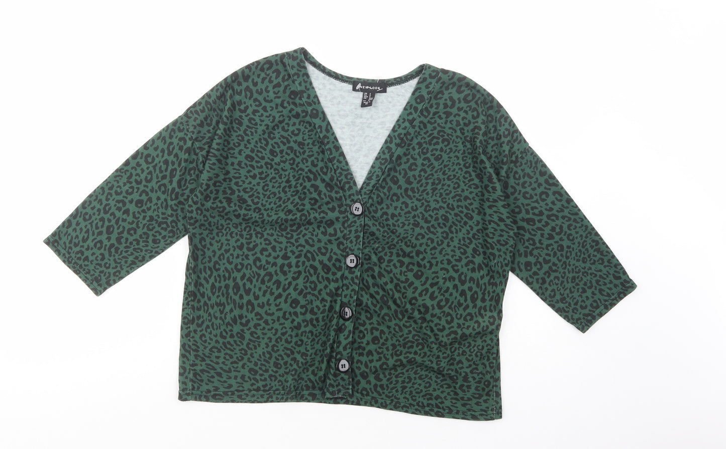 New Look Womens Green Animal Print Polyester Basic Button-Up Size S V-Neck