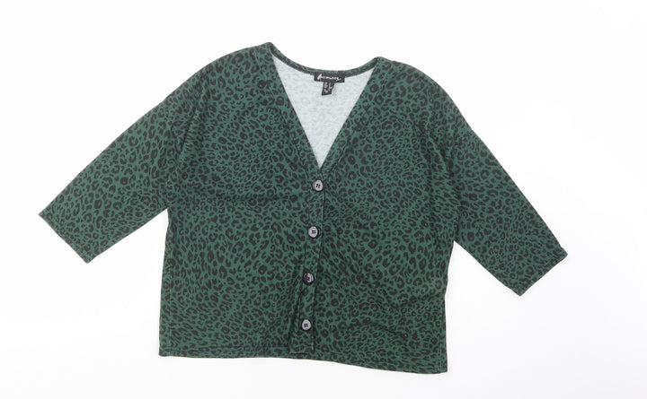 New Look Womens Green Animal Print Polyester Basic Button-Up Size S V-Neck