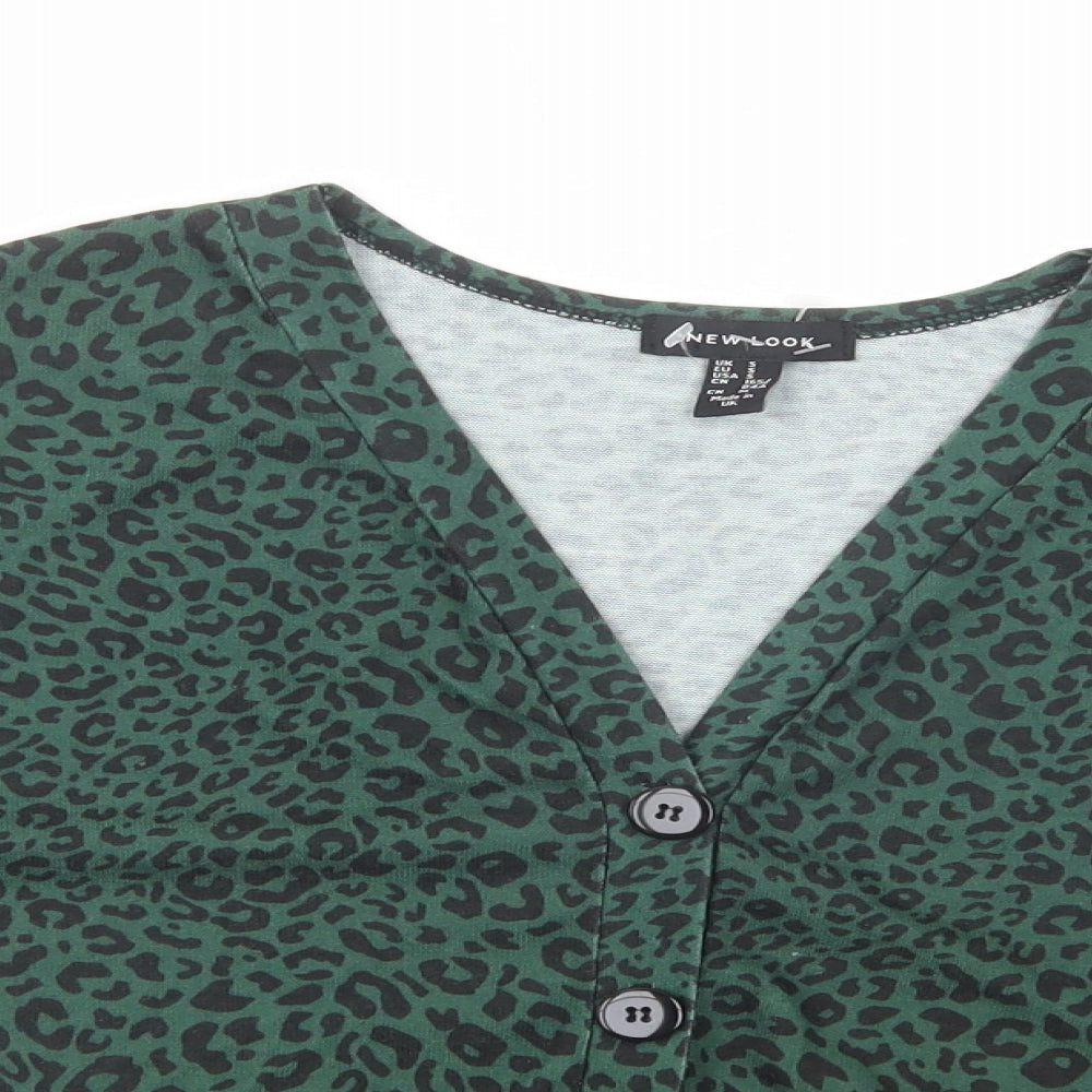 New Look Womens Green Animal Print Polyester Basic Button-Up Size S V-Neck