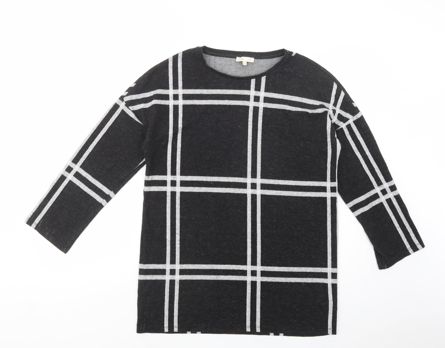 F&F Womens Black Crew Neck Plaid Polyester Tunic Jumper Size 10