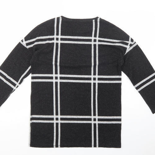 F&F Womens Black Crew Neck Plaid Polyester Tunic Jumper Size 10