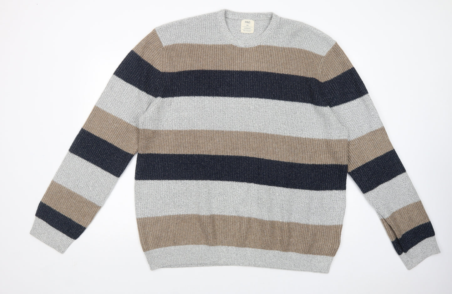 Marks and Spencer Mens Multicoloured Crew Neck Striped Polyamide Pullover Jumper Size 3XL