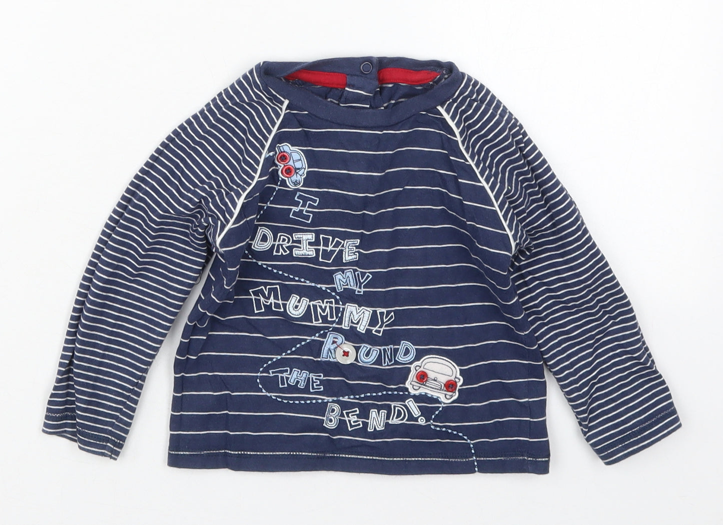 George Boys Blue Striped Cotton Basic T-Shirt Size 9-12 Months Crew Neck Pullover - I Drive My Mum Round The Bend
