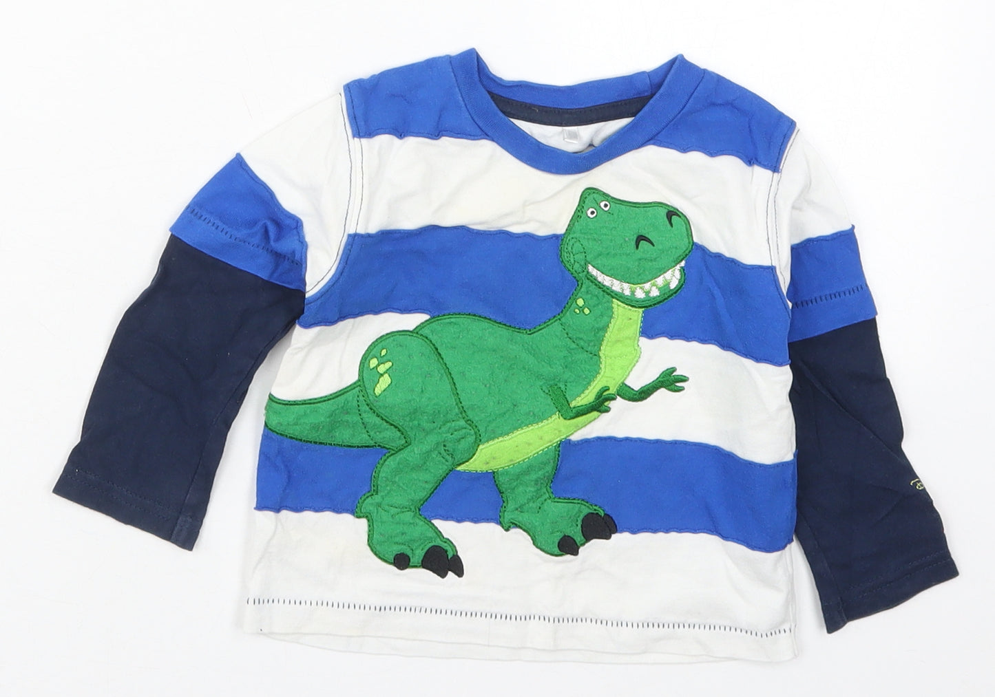 George Boys Blue Striped Cotton Basic T-Shirt Size 9-12 Months Crew Neck Pullover - Toy Story T-Rex