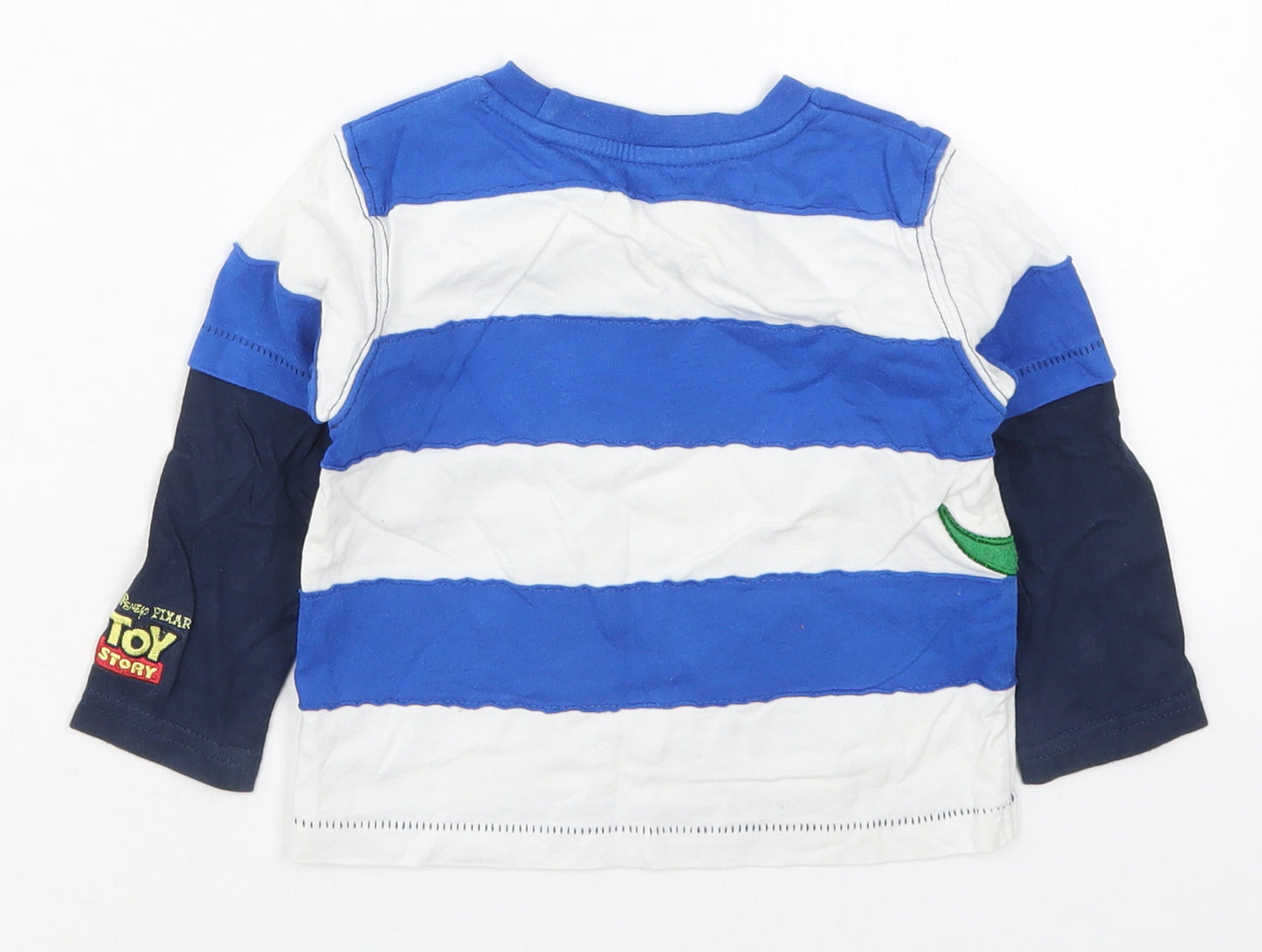 George Boys Blue Striped Cotton Basic T-Shirt Size 9-12 Months Crew Neck Pullover - Toy Story T-Rex