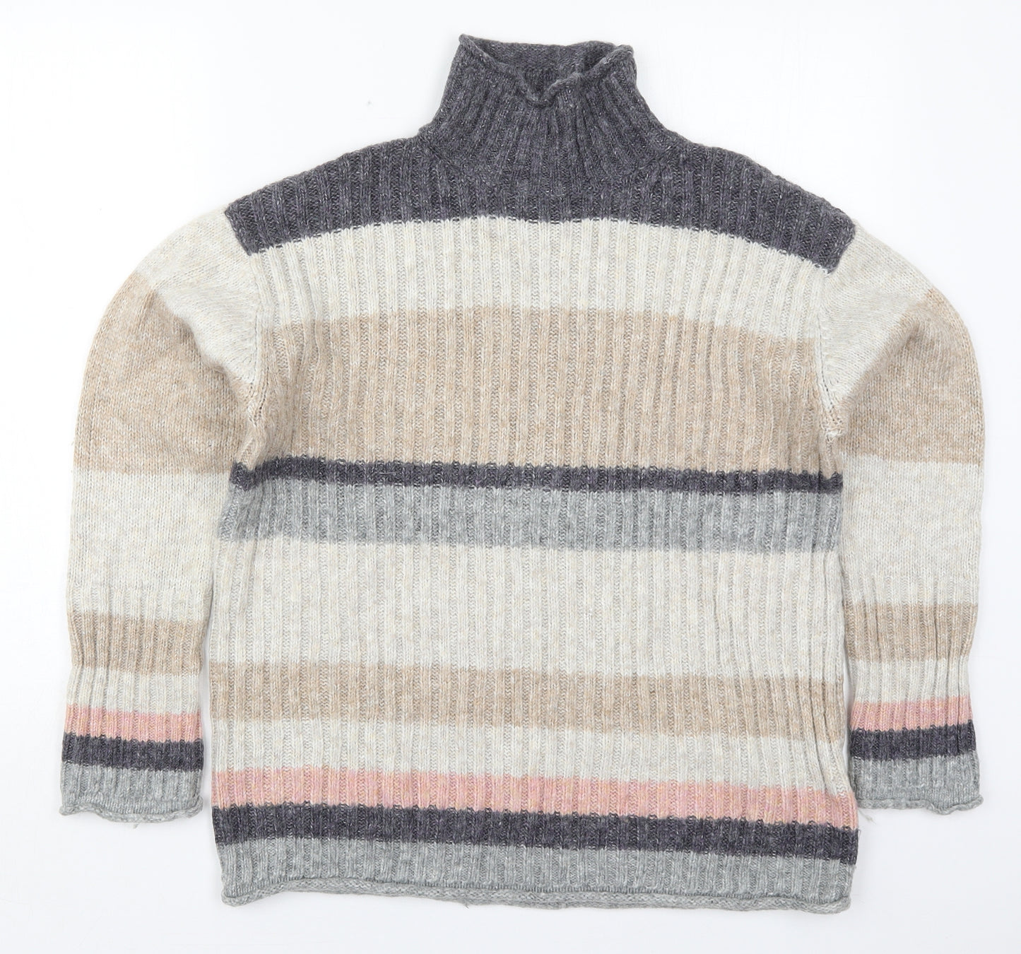 Marks and Spencer Womens Beige High Neck Striped Acrylic Pullover Jumper Size M