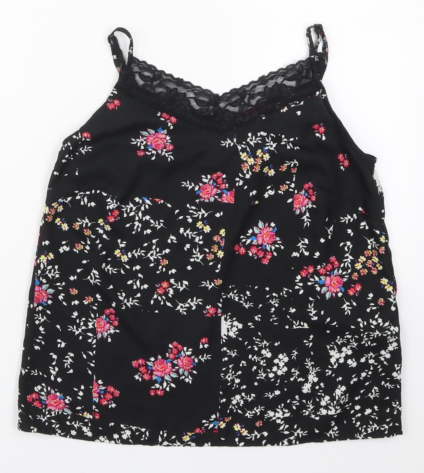 Only Womens Black Floral Polyester Basic Tank Size 6 V-Neck