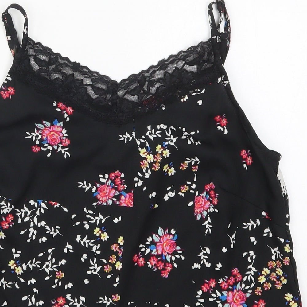Only Womens Black Floral Polyester Basic Tank Size 6 V-Neck