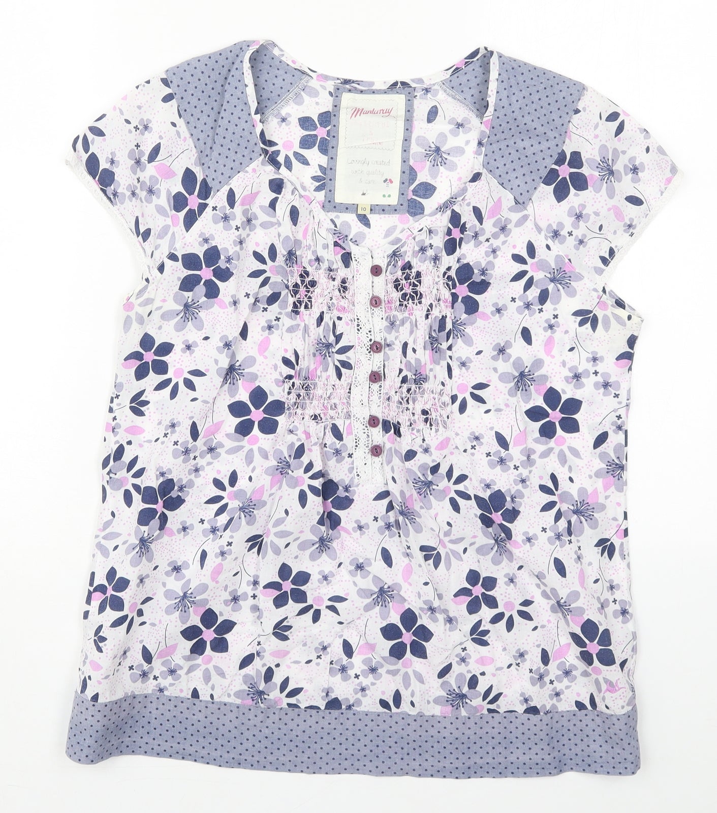 Mantaray Womens Purple Floral Cotton Basic T-Shirt Size 10 V-Neck