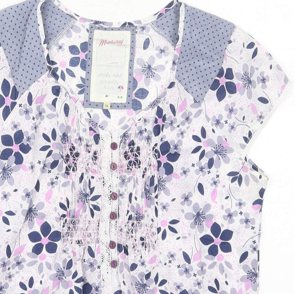 Mantaray Womens Purple Floral Cotton Basic T-Shirt Size 10 V-Neck