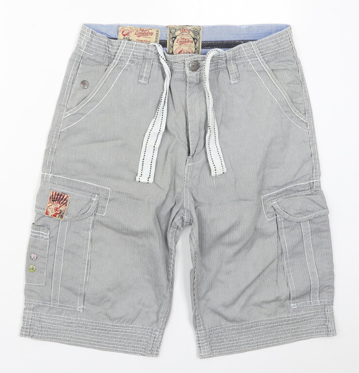Tokyo Laundry Mens Grey Striped Cotton Bermuda Shorts Size 30 L11 in Regular Button