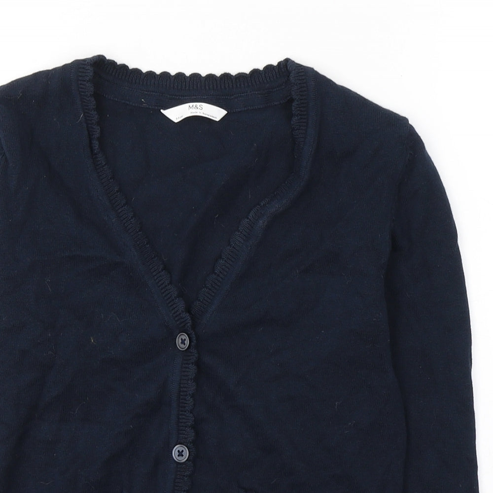 Marks and Spencer Girls Blue  Cotton Jersey Button-Up Size 8-9 Years V-Neck Button