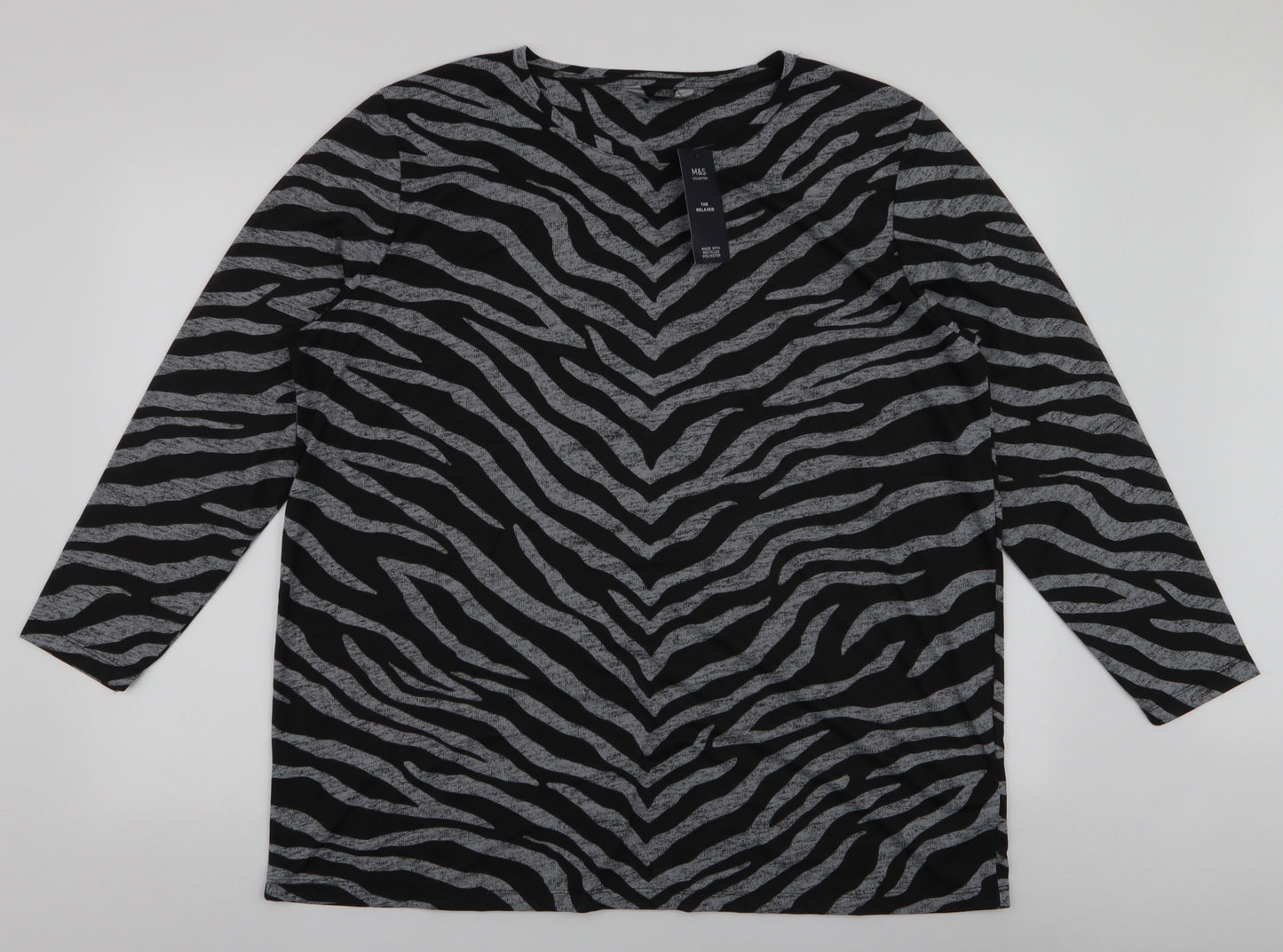 Marks and Spencer Womens Black Animal Print Polyester Jersey Blouse Size 20 Round Neck