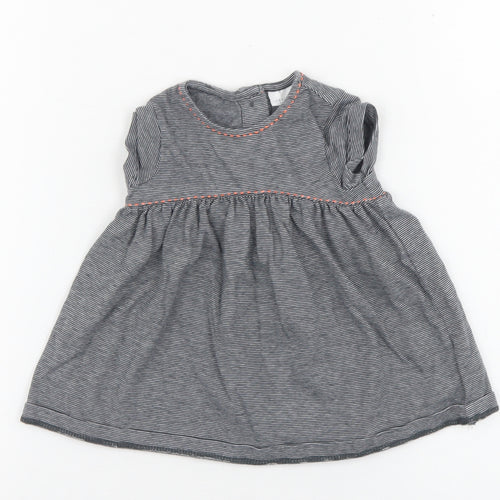 NEXT Girls Grey Striped 100% Cotton Skater Dress  Size 0-3 Months  Round Neck Button