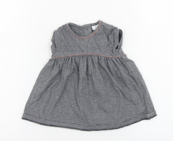 NEXT Girls Grey Striped 100% Cotton Skater Dress Size 0-3 Months Round Neck Button