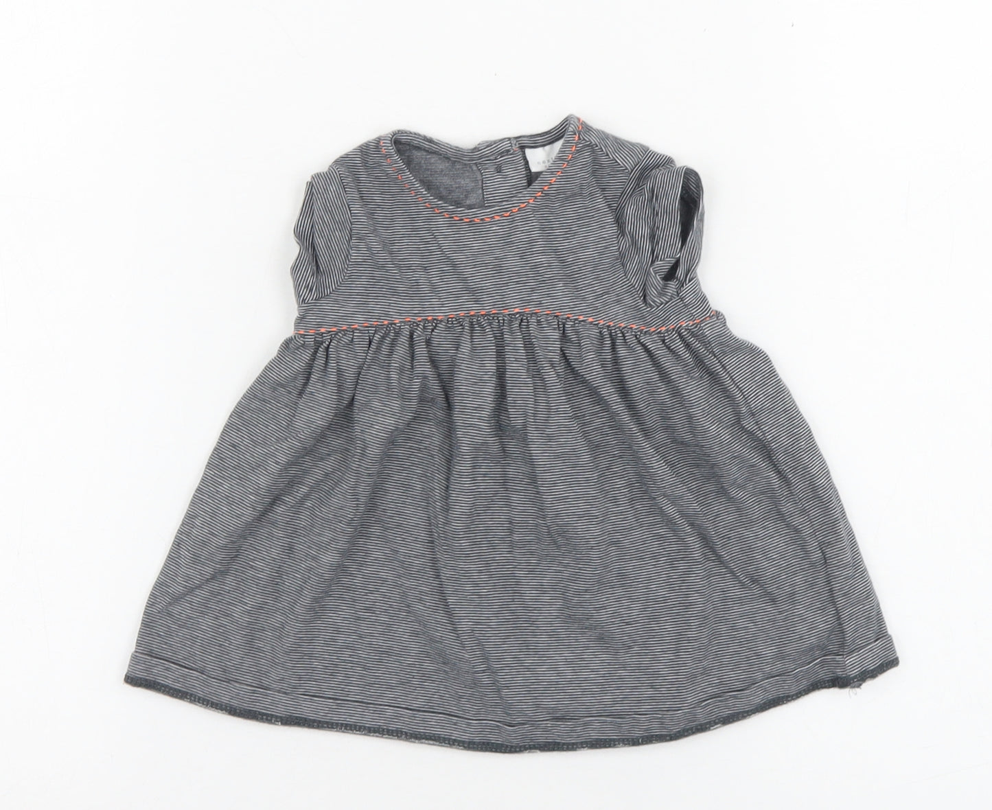 NEXT Girls Grey Striped 100% Cotton Skater Dress  Size 0-3 Months  Round Neck Button