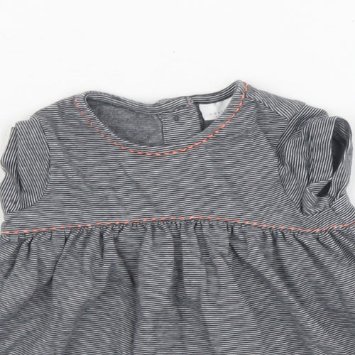 NEXT Girls Grey Striped 100% Cotton Skater Dress  Size 0-3 Months  Round Neck Button
