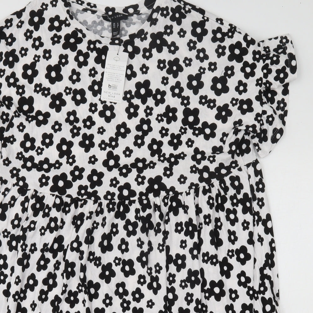 New Look Womens White Floral Cotton Skater Dress  Size 12  Round Neck Pullover