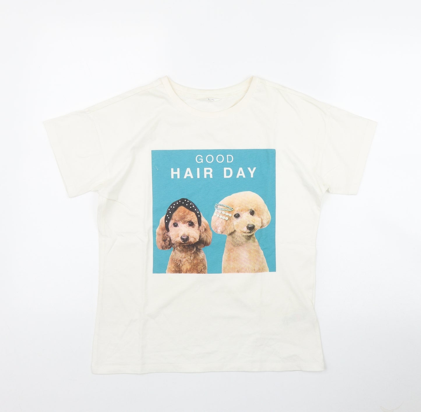 Marks and Spencer Girls White  Cotton Basic T-Shirt Size 12-13 Years Round Neck Pullover - Dog