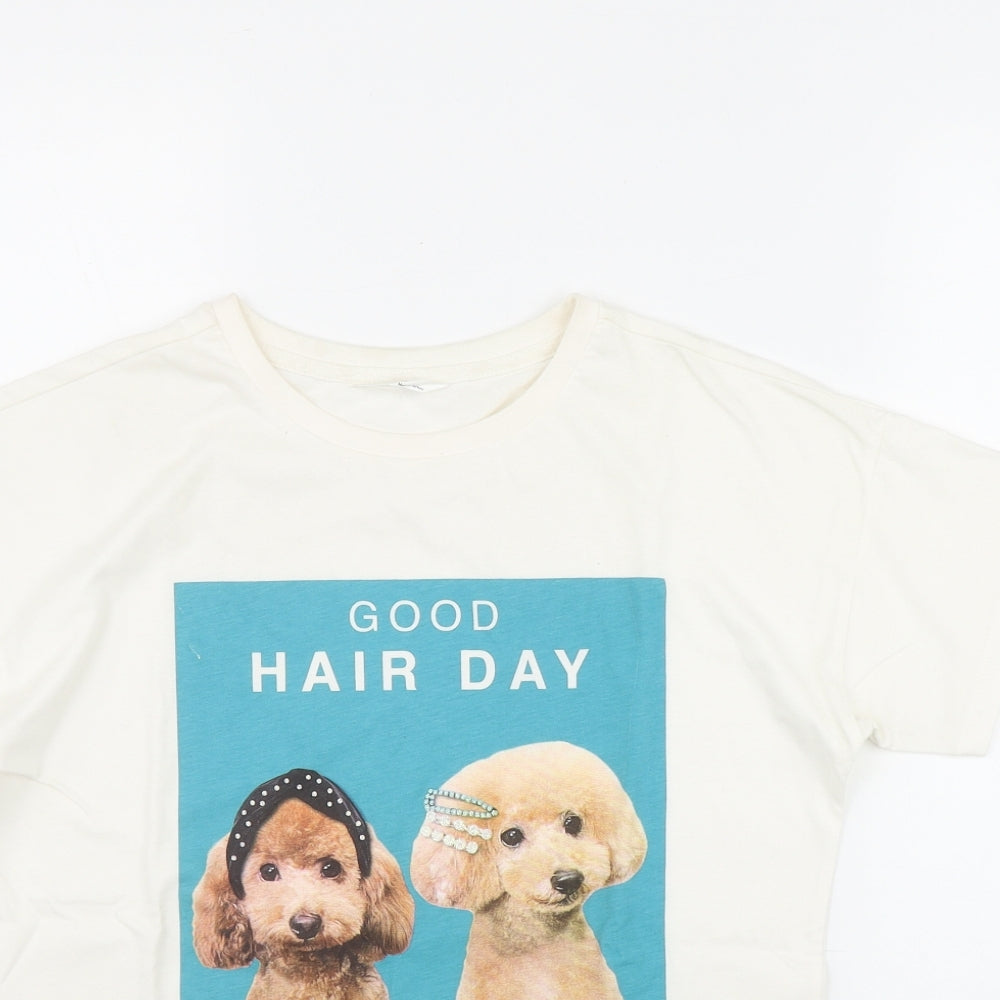 Marks and Spencer Girls White  Cotton Basic T-Shirt Size 12-13 Years Round Neck Pullover - Dog