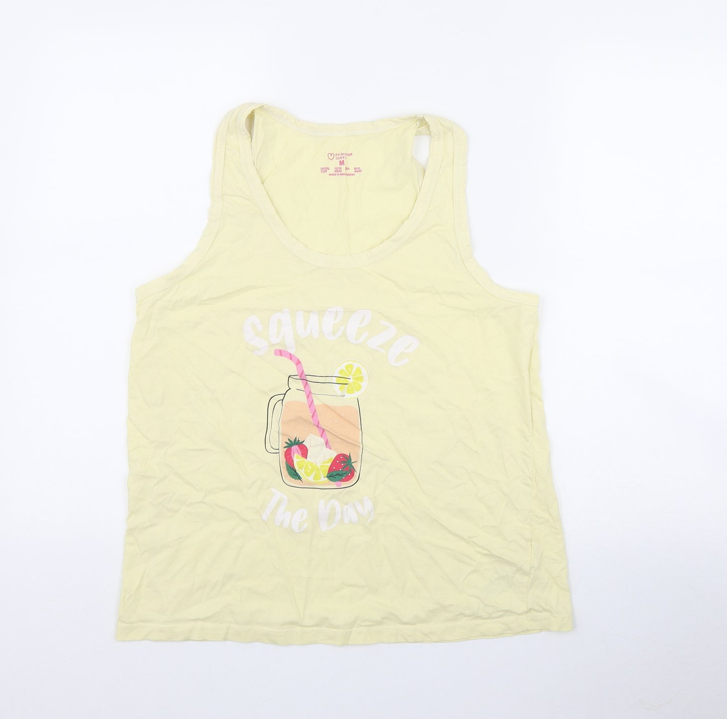 Primark Womens Yellow  Cotton Basic Tank Size 12 Scoop Neck - 'Squeeze the day'