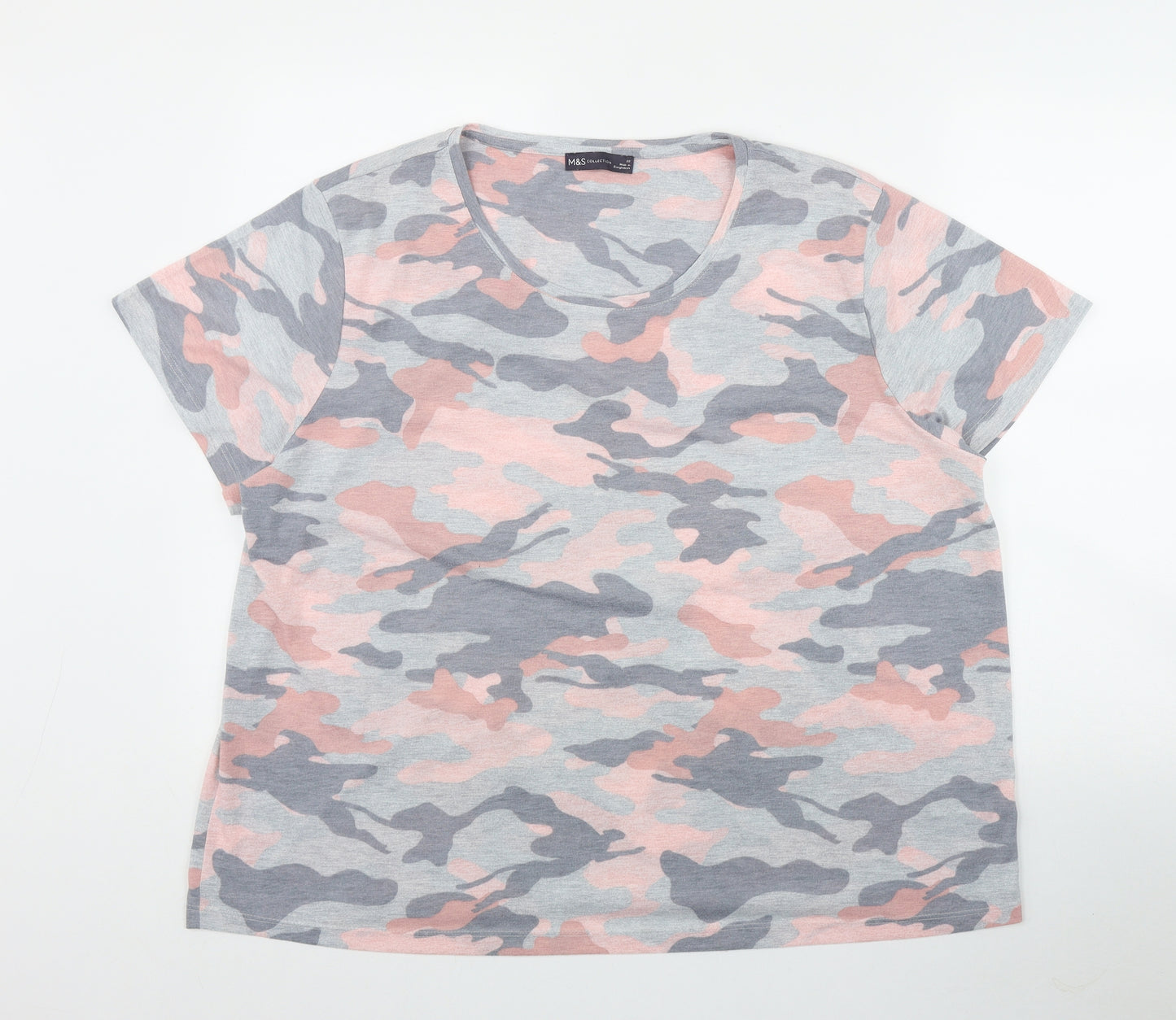 Marks and Womens Green Camouflage Polyester Basic T-Shirt Size 22 Round Neck