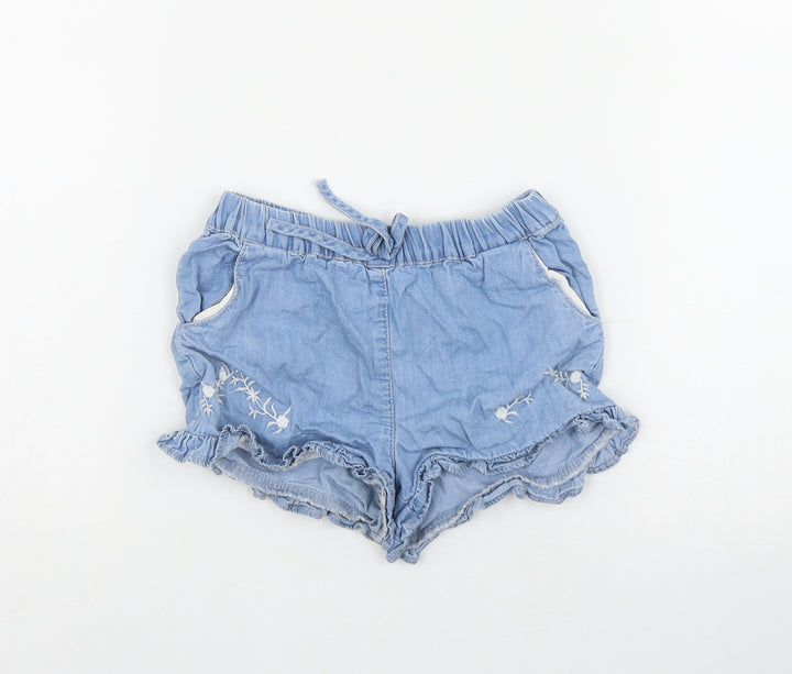 F&F Girls Blue  Cotton Mom Shorts Size 2-3 Years  Regular Drawstring - Embroidered Flowers