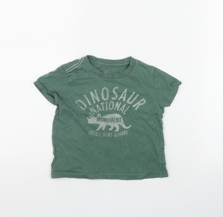 Little Peanut Boys Green Cotton Basic T-Shirt Size 6-9 Months Round Neck Pullover - Dinosaur