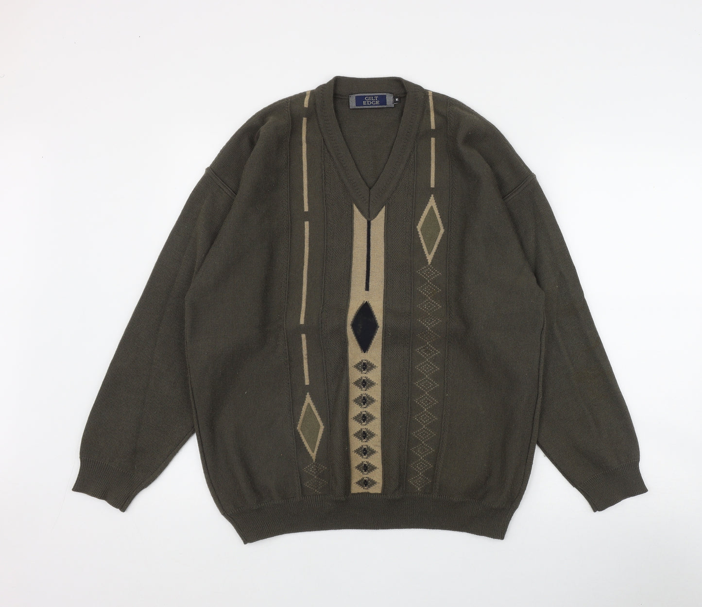 Gilt Edge Mens Green V-Neck Geometric Acrylic Pullover Jumper Size M