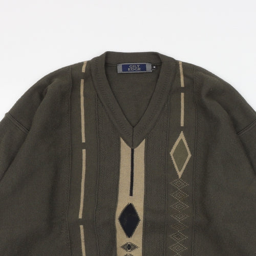 Gilt Edge Mens Green V-Neck Geometric Acrylic Pullover Jumper Size M