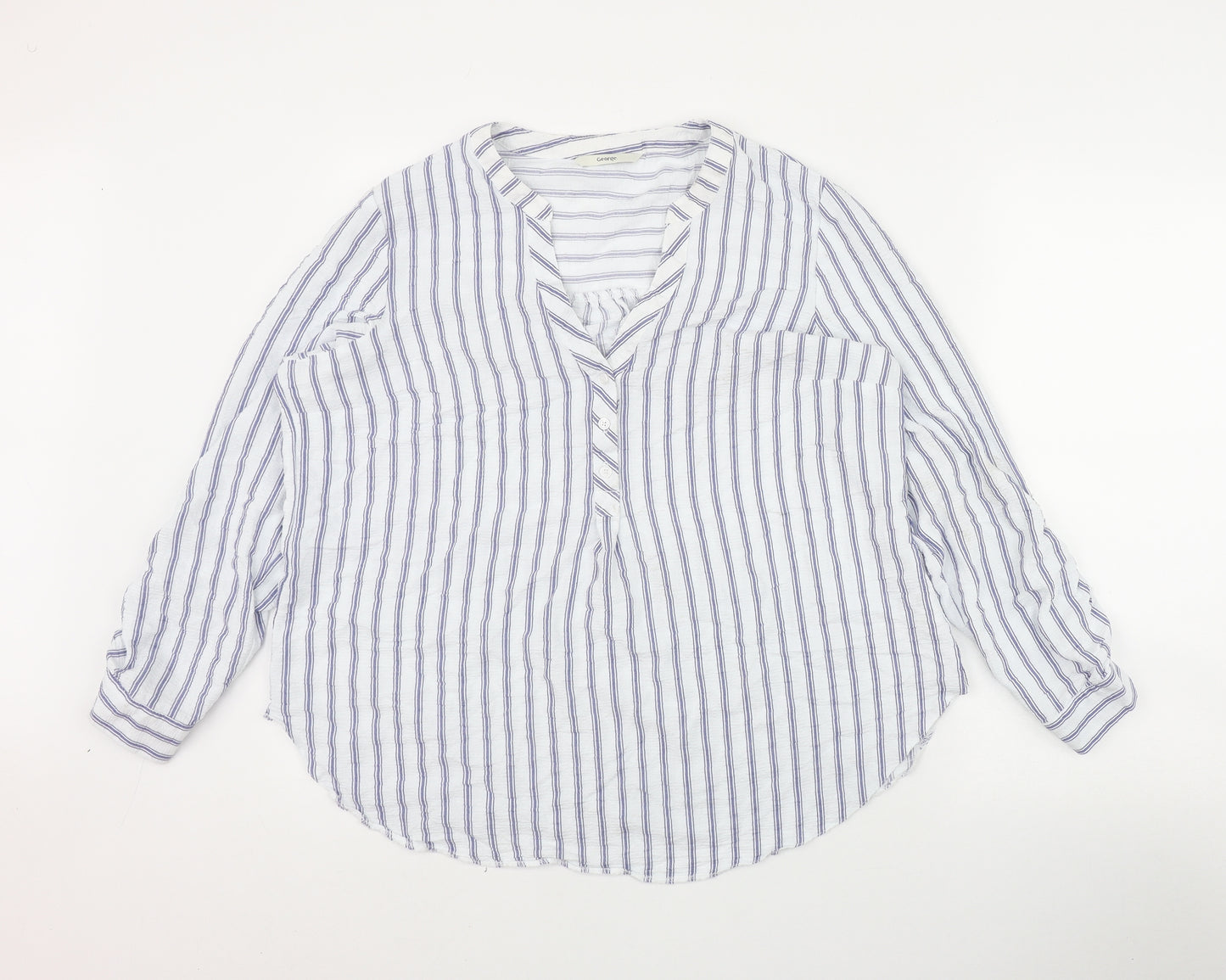 George Womens Blue Striped Viscose Basic Button-Up Size 14 V-Neck
