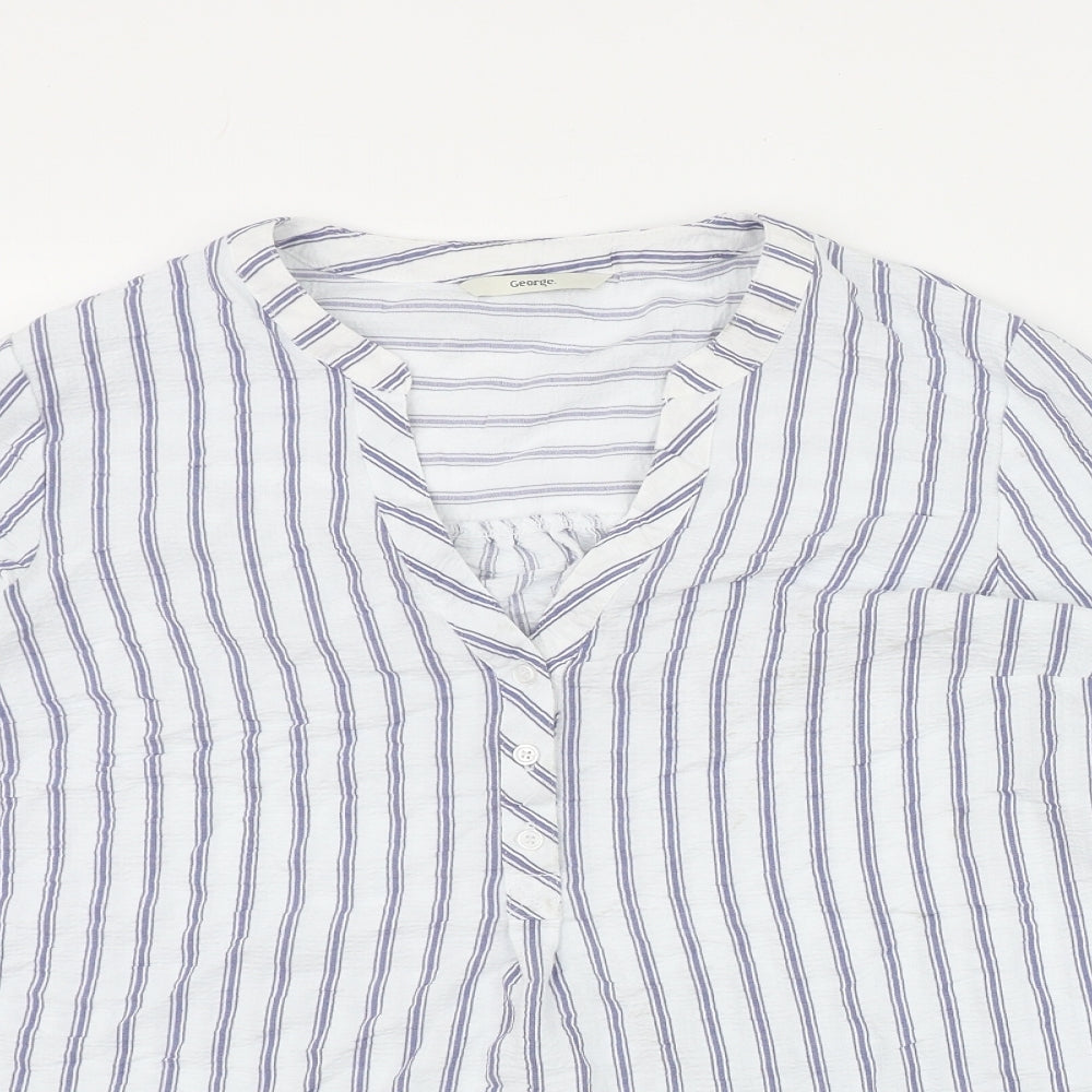 George Womens Blue Striped Viscose Basic Button-Up Size 14 V-Neck